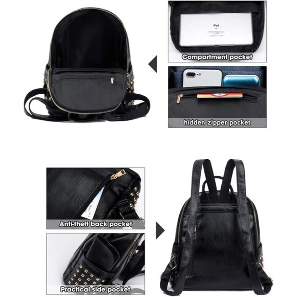 PU Leather Mini A Black Backpack Women Cute Fashion Shoulder Bag Small Purse - Picture 5 of 7